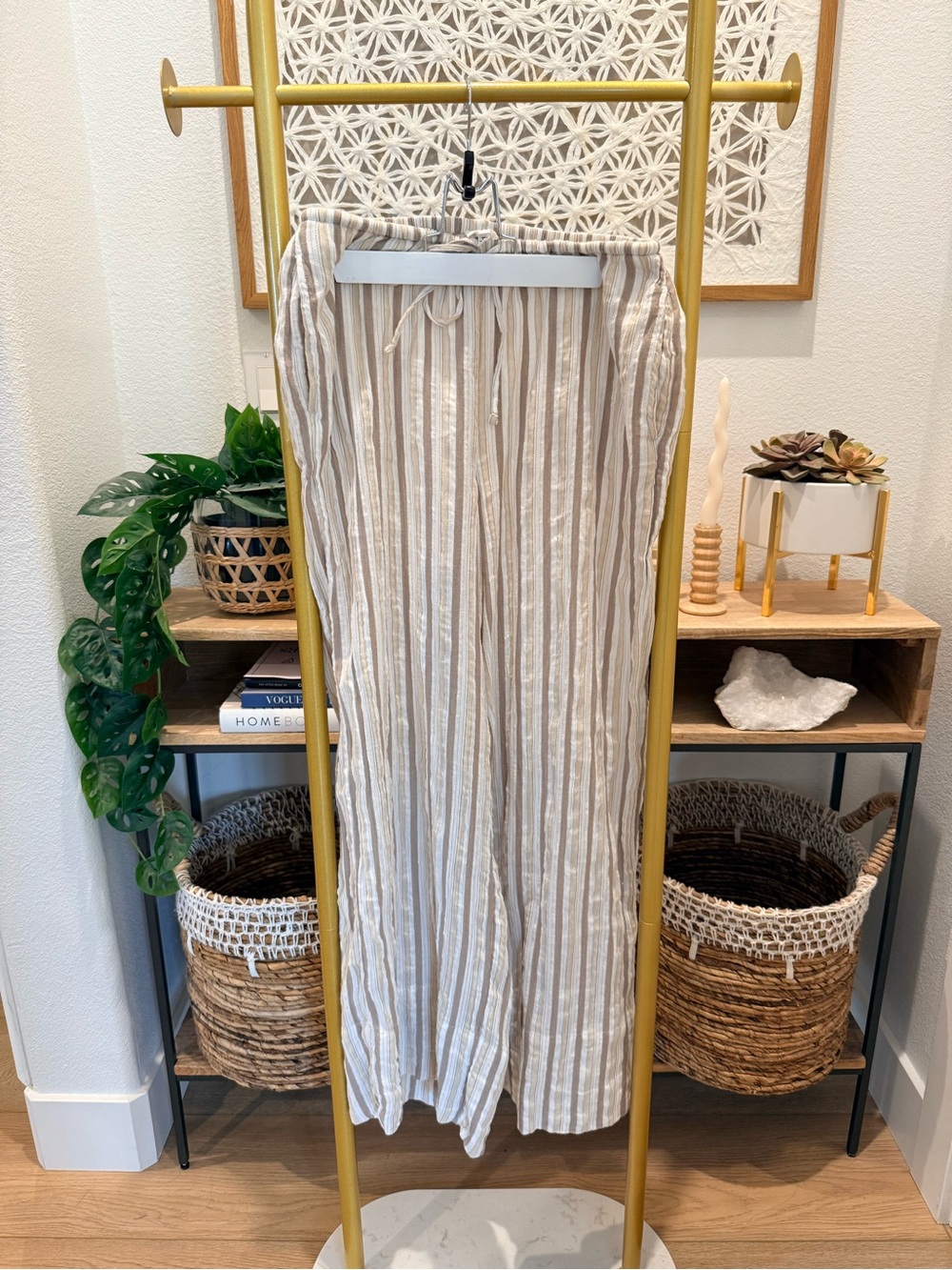 aerie Beige & White Striped Linen-Blend Lounge Pants